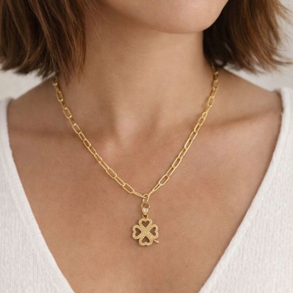 Lucky Heart Clover Charm Necklace | Paperclip Chain | Gold Plated SS